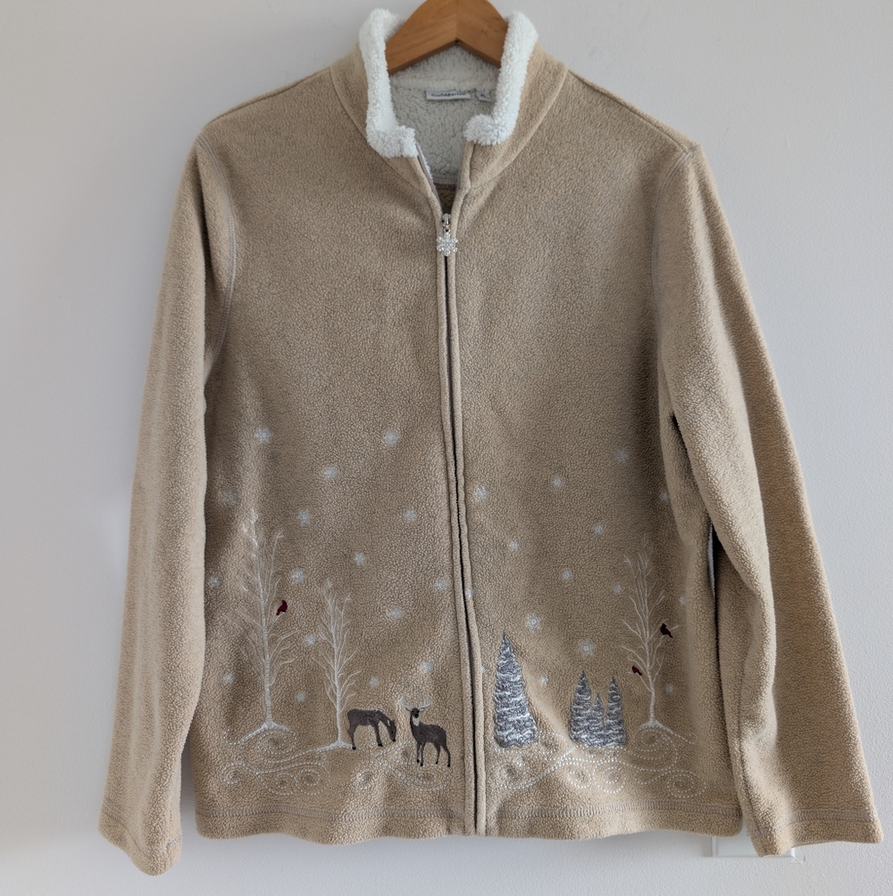 croft & barrow Beige Sherpa-Lined Zip Front Sweater with Winter Scene